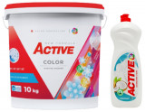 Cumpara ieftin Detergent pudra pentru rufe colorate Active, galeata 10kg, 130 spalari + Detergent de vase lichid Active, 1 litru, cocos