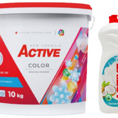 Detergent pudra pentru rufe colorate Active, galeata 10kg, 130 spalari + Detergent de vase lichid Active, 1 litru, cocos