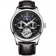 Ceas barbatesc Lige Mecanic Automatic Curea piele Neagra Mecanism Tourbillion Data