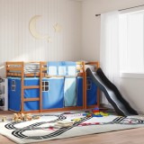 Cumpara ieftin Pat supraetajat cu tobogan și perdele, albastru, 80x200 cm