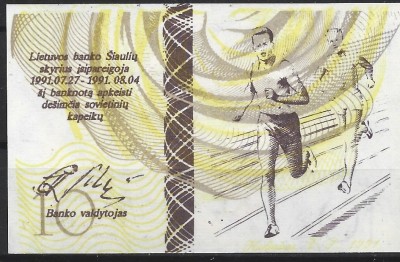 !!! RARR : LITUANIA , COMITETUL OLIMPIC - 10 CENTAURU 1991 - UNC / CEA DIN SCAN foto