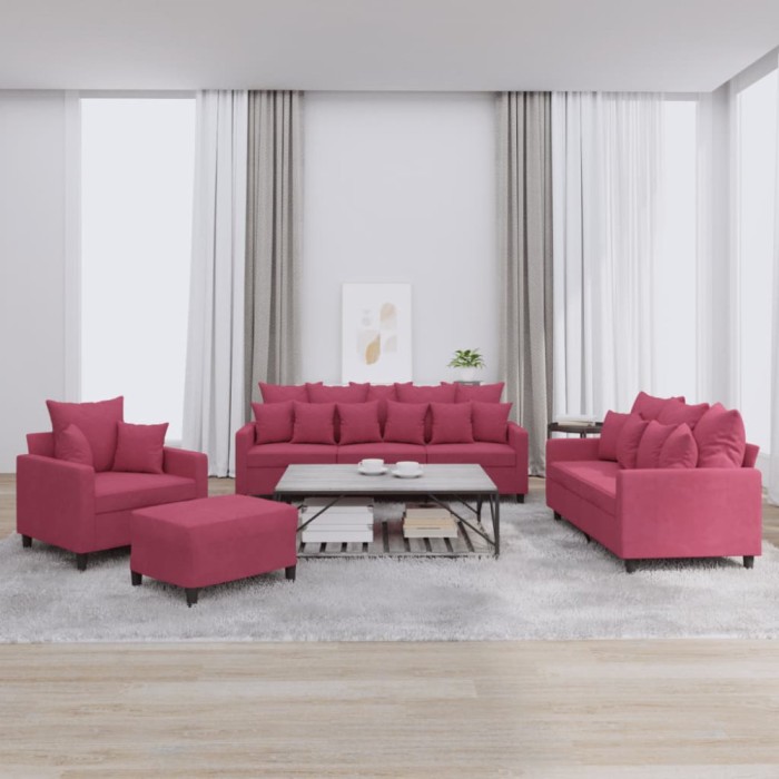 vidaXL Set canapele cu perne, 4 piese, roșu vin, catifea