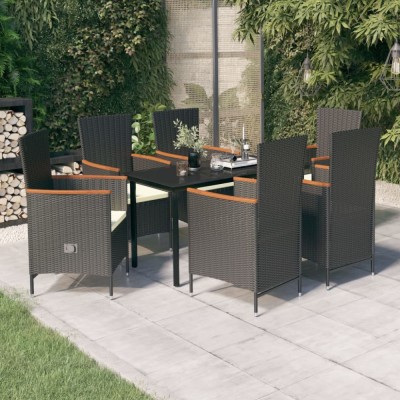 vidaXL Set de masă pentru grădină, 7 piese, cu perne, negru foto