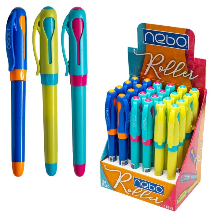 Roller cu cerneala albastra, clips de prindere, corp in diverse culori