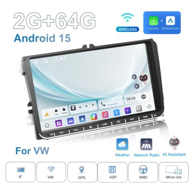 Navigatie Android 15,Carplay,Android,GPS,VW Passat B6, B7, Golf 5, 6, Jetta, Polo, Touran, WiFi,USB, Bluetooth, Quad-Core 2.0GHZ 2GB+64GB ,4x45W, NOU foto