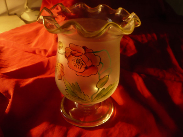 Pahar pt. lingurite - sticla pictata manual floare ,h=11,5cm ,anii&#039;20