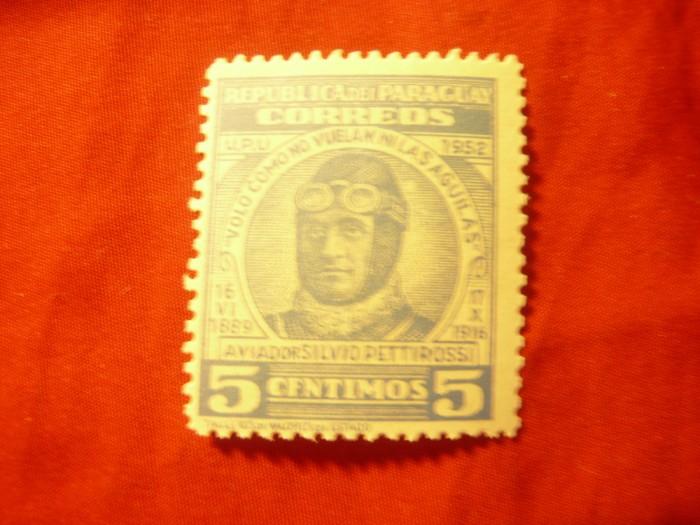 Timbru Paraguay 1954 - Aviator Silvio Pettirossi ,5C albastru
