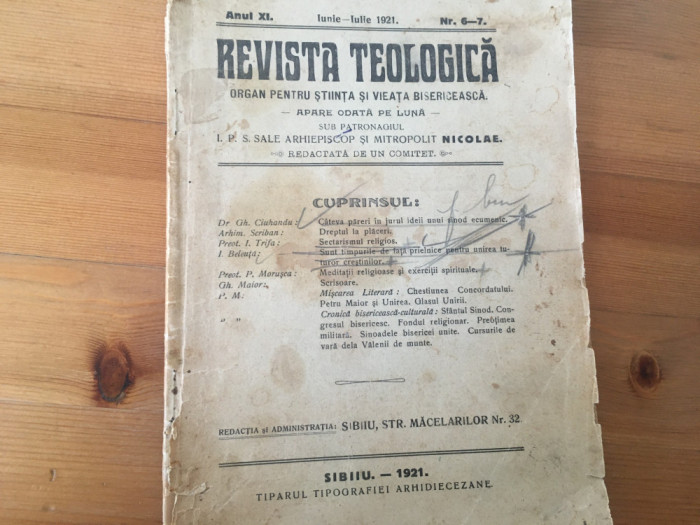 REVISTA TEOLOGICA-SIBIU 1921- NR.6-7 TEXTE DE ARHIM. SCRIBAN, PR. I. TRIFA...