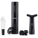 Tirbuson electric Haier HAWUKIT06, plastic, negru, reincarcabil prin USB + dop pentru vidare, turnator de vin, cutter folie
