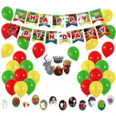 Set de petrecere cu 18 baloane din latex de 30 cm, 12 toppere pentru briose, 1 topper pentru tort si banner Happy Birthday