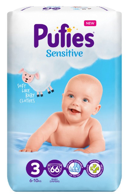 Scutece Pufies Sensitive, 3 Midi, Maxi Pack, 6-10 kg, 66 buc
