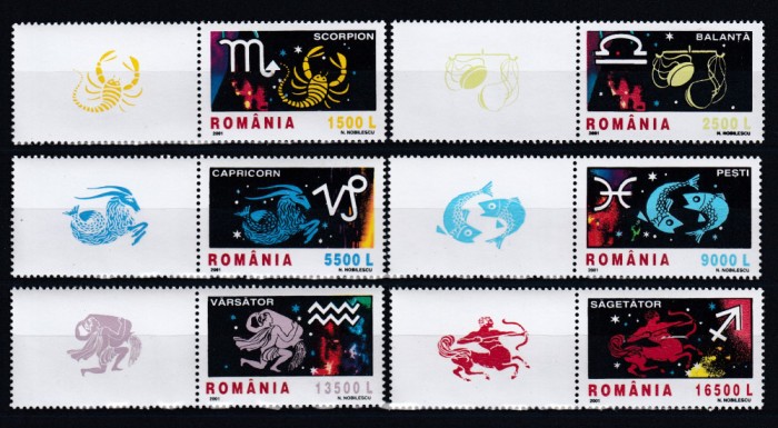 ROMANIA 2001 LP 1574 a SEMNELE ZODIACULUI I SERIA CU VINIETE MNH