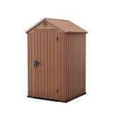 Casuta gradina Curver Darwin 4x4, plastic maro, 118x117x205 cm, compozit Evotech, asamblare usoara, depozitare unelte, mobilier, biciclete
