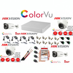 Kit supraveghere profesional mixt Hikvision Color Vu 4 camere 5MP IR40m si IR20m , full accesorii SafetyGuard Surveillance