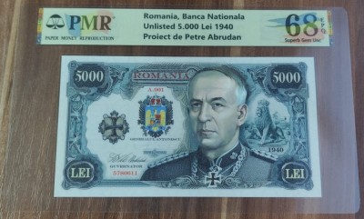 REPRODUCERE pe hartie cu filigran si fire UV proiect bancnota 5.000 Lei 1940 nr.173 foto