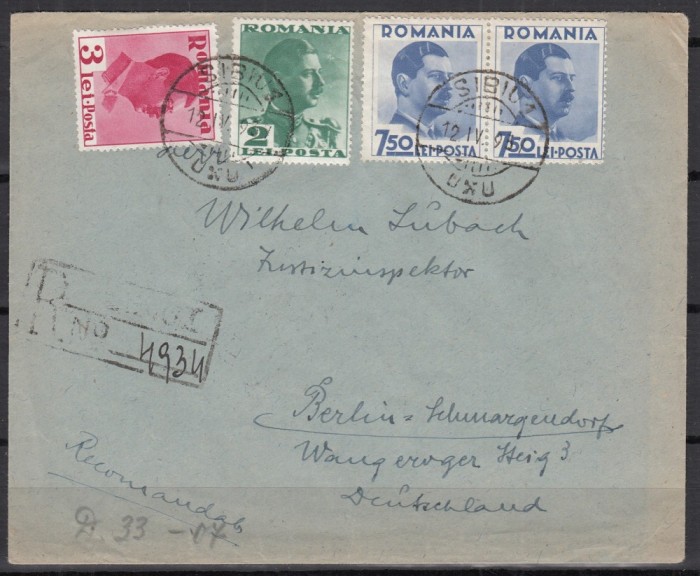 ROMANIA 1935 LP 112 REGELE CAROL II /PLIC RECOMANDAT CIRCULAT SIBIU-BERLIN 1937