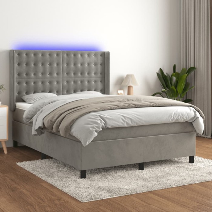 vidaXL Pat cu arcuri, saltea și LED, gri deschis, 140x200 cm, catifea 3139805