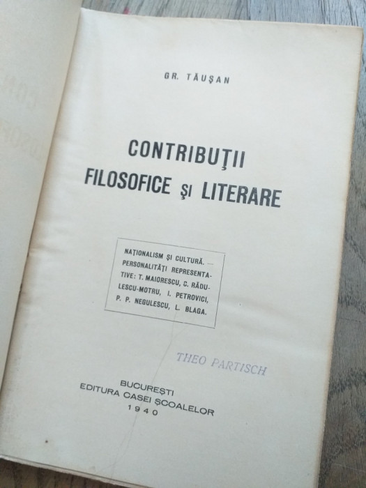 Contribuţii filosofice şi litere- Gr.Tausan,1940 /CAPITOL NATIONALISM SI CULTURA