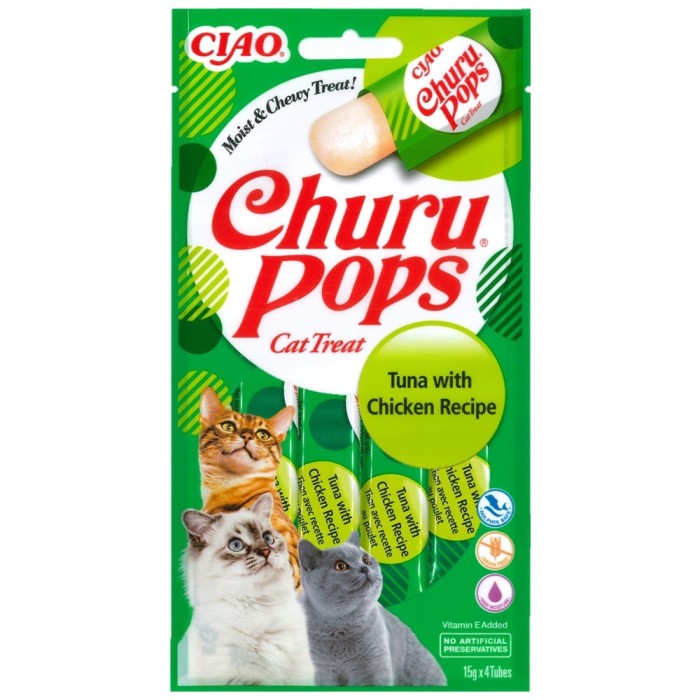 Churu Pops, Recompense Suculente pentru pisici, cu Pui si Ton, 4x15g