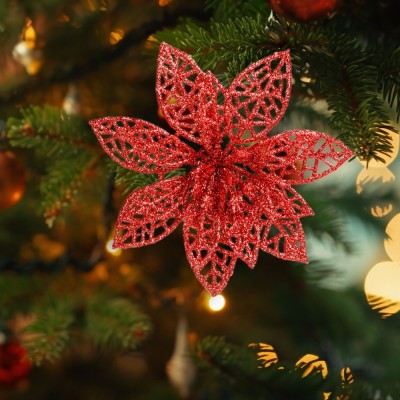 Ornament de Craciun - cu cleme - floare cu sclipici - rosu - 3 buc/pachet Best CarHome foto