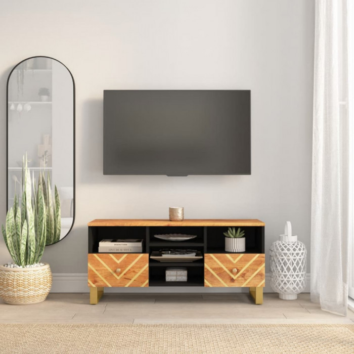 Dulap TV, maro si negru, 100x33,5x46 cm, lemn masiv de mango
