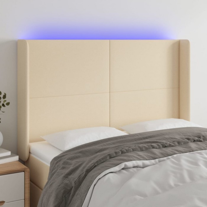 vidaXL Tăblie de pat cu LED, crem, 147x16x118/128 cm, textil 3123771