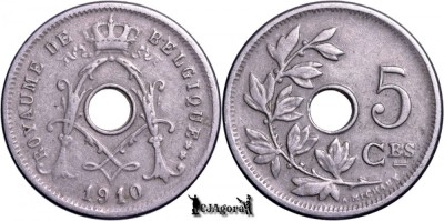 1910, 5 Centimes - Albert I - Regatul Belgiei - inscripție franceză foto