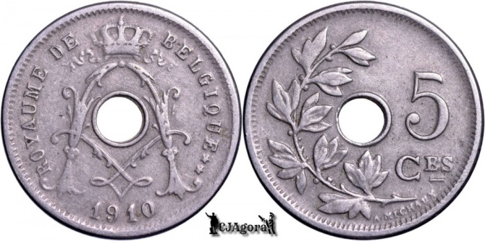 1910, 5 Centimes - Albert I - Regatul Belgiei - inscripție franceză