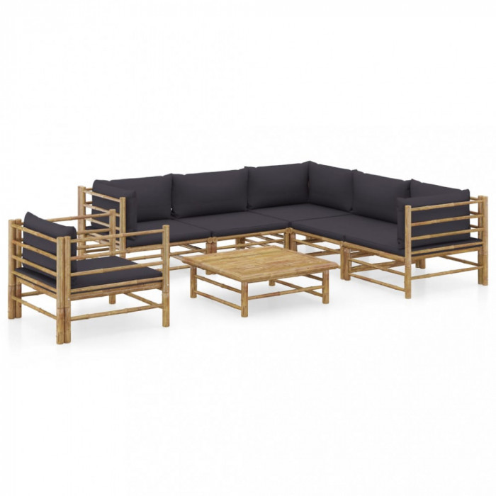vidaXL Set mobilier de grădină, 7 piese, perne gri &icirc;nchis, bambus
