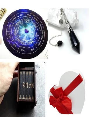 Placa pendul - Astrologie ,Reiki+pendul ametist ,cuart roz,obsidian+un set de rune cadou foto