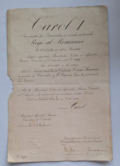 Decret regal Carol I 1909 &ndash; Ordinul &bdquo;Coroana Rom&acirc;niei&rdquo;, Cavaler &ndash; Craiova