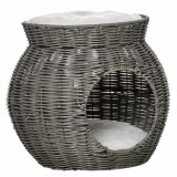 PawHut Coș pentru Pisici din Rattan PE, 2 Niveluri, Zonă de Zg&acirc;riat, Cușcă și Coș, Perne de Plus Lavabile, &Phi;50x43.5cm, Gri &Icirc;nchis | Aosom Romania