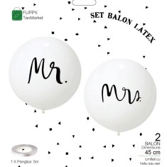 Set 2 Baloane din Latex, Flippy, Tip Jumbo, Model Mr si Mrs, Tema Nunta, 45 cm, Alb foto