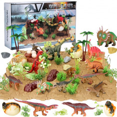 Set de joaca Regatul Dinozaurilor, 15 figurine cu T-Rex, Stegosaurus, Velociraptor, Brachiosaurus, 42 de blocuri de fosile, oua, copaci si piatra foto