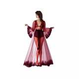 Cumpara ieftin Halat de Dama din Voal si Broderie, Semi-Transparent, cu Cordon in Talie, Bordo - MEI154