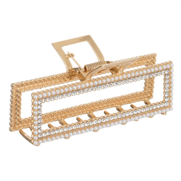 Clema Par, Model Dreptunghiular, Culoare Aurie, Margele Albe, Strass, Lungime 9.5cm