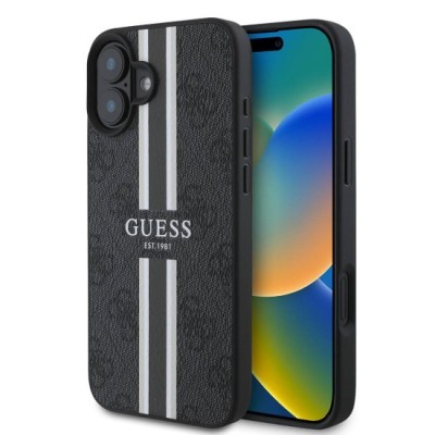 Husa pentru iPhone 16 Plus - Guess Hardcase 4G Printed Stripes MagSafe (GUHMP16MP4RPSK) - Black foto