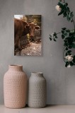 Tablou Canvas, "Vaca privind spre apusul toamnei", Vacă, Brunet, Peisaj, Căldură, Natură, Frunze, Potecă, 26 x 39 cm, CMCLASS