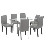 Set masa Cadiz 6+1 Leziter, Alb-Gri, Masa Sticla Berna 140cm, 6 Scaune Piele ECO Kelly