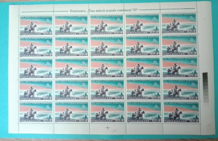 TIMBRE ROMANIA MNH LP1288/1992 Ziua mărcii poștale coală 25 timbre