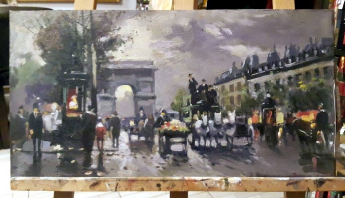 Tablou pictat manual impresionism, semnat, peisaj urban oras, 29X55 cm