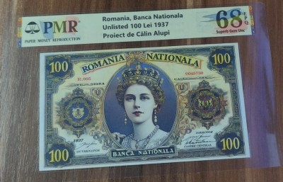 REPRODUCERE pe hartie cu filigran si fire UV proiect bancnota 100 Lei 1937 nr.181 foto