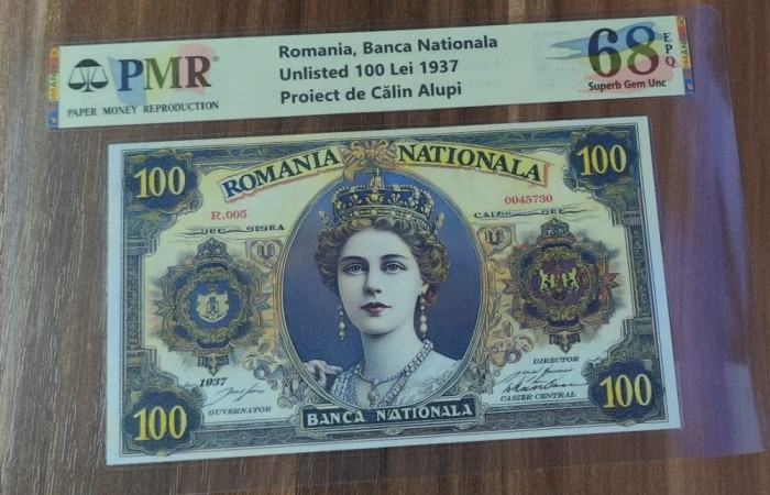 REPRODUCERE pe hartie cu filigran si fire UV proiect bancnota 100 Lei 1937 nr.181