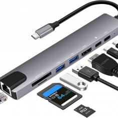 Hub Adaptor Multiport 8 in 1 USB-C 3.1 Axeloni ® la HDMI 4K / LAN RJ45 Ethernet / Type C Port / USB 3.0 / Power Delivery Port 100W / TF si SD Card Rea