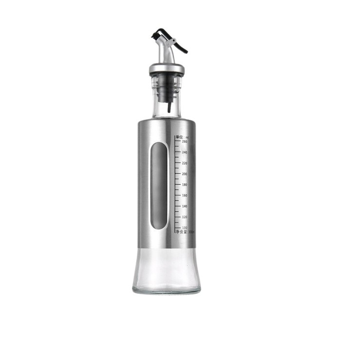 Dispenser pentru ulei, 300ml, argintiu, otel inoxidabil si sticla, scala de masurare, Inaltime de 24,5 cm, latime de 6,5 cm