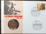 GERMANIA - FDC SI MONEDA UNC - 2 MARK 1988, LIT J, LUDWIG ERHARD 1897-1977