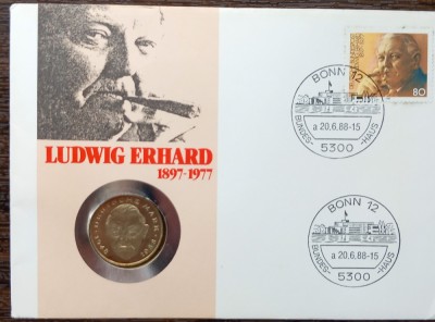 GERMANIA - FDC SI MONEDA UNC - 2 MARK 1988, LIT J, LUDWIG ERHARD 1897-1977 foto