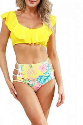 Costum de baie pentru femei, 2 piese, sutien cu volane, si slip modern, M, imprimeu floral, perfect pentru plaja sau inot foto