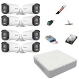 Sistem de supraveghere 8 camere exterior Hikvision ColorVu 5MP, lumina alba 40m, DVR 8 canale Hikvision, accesorii, hard disk SafetyGuard Surveillance