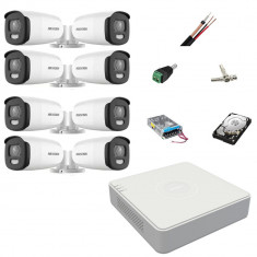 Sistem de supraveghere 8 camere exterior Hikvision ColorVu 5MP, lumina alba 40m, DVR 8 canale Hikvision, accesorii, hard disk SafetyGuard Surveillance